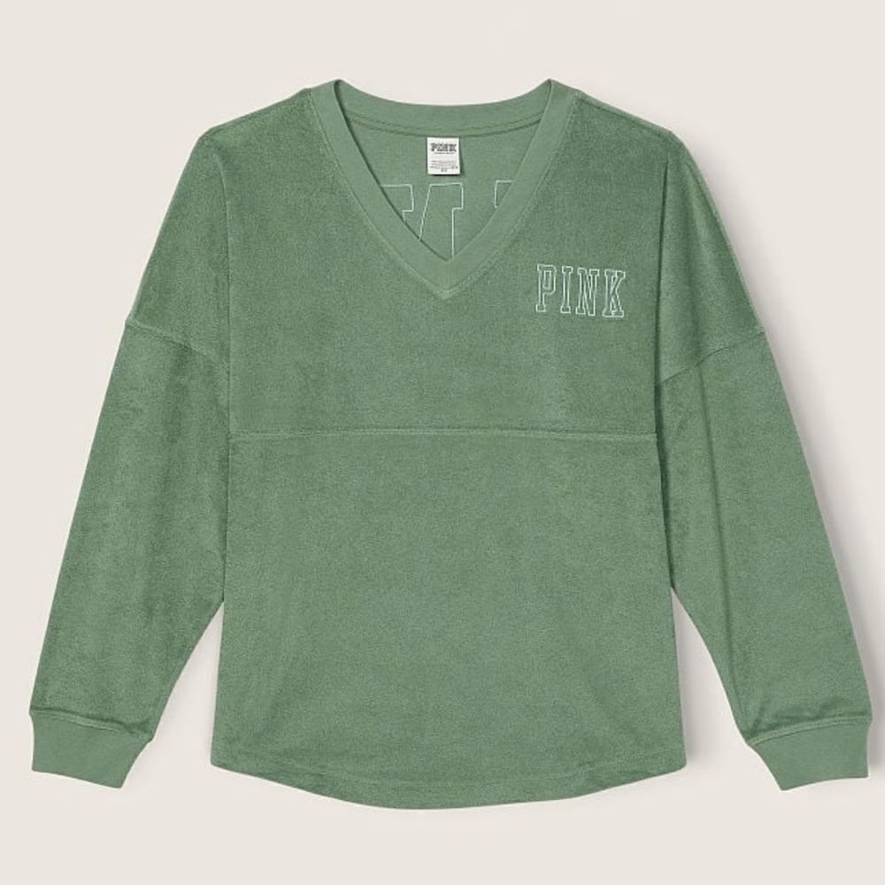 Victoria’s Secret Pink Varsity Beach Terry Cloth V Neck Oversized Pullover - Picture 3 of 5
